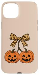 Coquette 90s Halloween Pumpkin Cherries Leopard Print Bow Case for iPhone 15 Plus