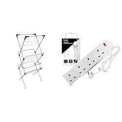 Vileda Sprint 3-Tier Clothes Airer, Indoor Clothes Drying Rack with 20 m Washing Line, Silver & Heavy Duty Extension Lead UK Pin Plug and Cable, 4 Gang Way 2m Power Adapter