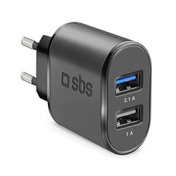 SBS Alimentatore USB 10W, Ricarica Rapida, 1x USB 2.1A Intelligent Charge (IC), 1x USB 1,0A 5W, Compatto, Caricatore per iPhone, iPad, Airpods, Samsung, Pixel, Tablet, Smartphone, Nero