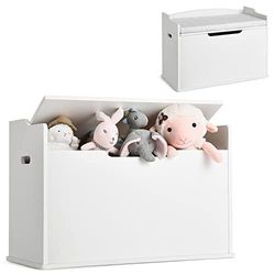 COSTWAY Boîte à jouets 2 en 1 avec couvercle, coffre à jouets en bois avec coussins, armoire à jouets avec poignées de transport, rangement pour chambre d'enfant, salle de jeux, 74 x 39 x 52 cm, blanc