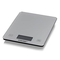 Cloer 6878 Digitale Keukenweegschaal voor tot 10 kg, TARE weegfunctie, Gewichtsweergave in stappen van 1 g, Maateenheden in g, ml, lb: oz en oz, glazen oppervlak, LCD-Display, zilver