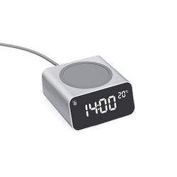 Xoopar - Reloj Despertador Digital con Cargador Rápido por Inducción de 15W con Termómetro - Fabricado en Aluminio - Plástico Reciclado Compatible con Los Últimos Smartphones - REDDI Cargo Plata
