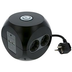 Amig - Base Múltiple de Sobremesa con Interruptor Mod.5540 con 6 Enchufes + 2 Tomas USB, Regleta con Forma de Cubo con Protección de Sobretensión, Medidas: 12 x 12 x 12 cm, Voltaje Máx: 250 V, Negro