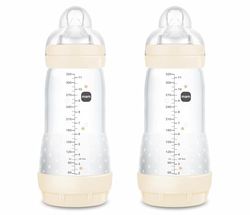 MAM Pack 2 Biberones Anticólicos, a partir de 4 Meses, 320ml, con Tetina 3 Flujo Rápido de Fácil Aceptación, Autoesterilizable y Fácil de Limpiar, MAM Easy Start Anti-Colic, Neutro Brillante, 2uds