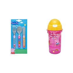 Peppa Pig 3 Piece Cutlery Set – Metal, Reusable Children's Knife – for 12 Months & Up, Pink & Snack & Sip Water Bottle and Snack Pot – Reusable Kids 400ml PP Canteen with Straw – Pink & Yellow