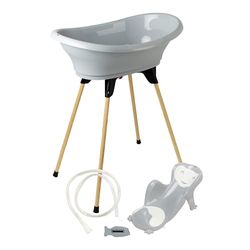 THERMOBABY - Zestaw do kąpieli dla niemowląt VASCO 5 w 1 - Wanna, drewniana nóżka, wąż spustowy, leżak do kąpieli, termometr - Charme Grey - Składany i stabilny - Wyprodukowano we Francji