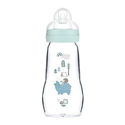 MAM 81940711 Feel Good glazen babyflesje (260 ml), babyfles met brede opening, stabiele zuigfles met speentje in maat 1, vanaf 0 maanden, natuurlijke motieven, beer/egel,Zwart