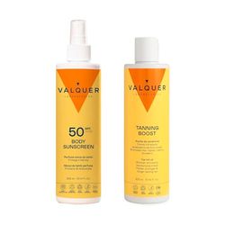 Valquer Pack Solar Corporal Spray Protector 300ml y Crema Hidratante Aceleradora del Bronceado 300ml. Protección SPF 50 Proporciona una Piel Bronceada, Hidratada y Suave. Aroma Monoi de Tahití. Vegano