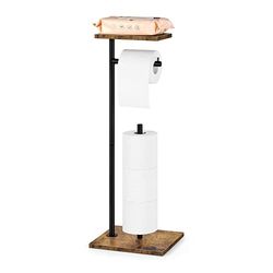 Toilet Paper Holder Stand Free Standing Tissue Paper Roll Holder with Shelf Farmhouse Toilet Paper Dispenser for Bathroom Toilet Paper Storage Rustic Brown