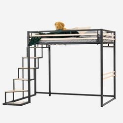 MEUBLE COSY Lit Mezzanine 2 Places 140x200cm avec Sommier à Lattes pour Adulte Enfant, en Bois d'ingénierie et métal, Style Industriel, Chêne + Noir