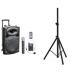 Ibiza - Altavoz portátil 12" / 700W MAX con 2 micrófonos VHF, Mando a Distancia & Audibax Neo 131 - Soporte Profesional para Altavoces - Trípode Extensible Negro Mate