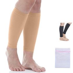 360 RELIEF Compression Calf Sleeves - for Torn Muscle Cramps Sports | Workout, Shin Splints, Circulation, Fitness, Running, Jogging, Marathon, Hiking | 1 Pair Small, Beige with Mesh Laundry Bag