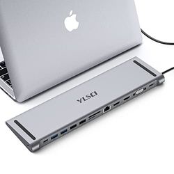 YLSCI 13-i-1 dockningsstation för bärbar dator, USB C-hubb 4K HDMI x 2, VGA x 1, USB 3.0 x 2, USB 2.0 x 2, SD/TF-Karten, Gigabit-Ethernet RJ45, Audio, Typ-C, PD2.0 för fler typ-c-enheter