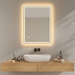 EMKE Specchio da bagno con luce LED, 80 x 60 cm, specchio da bagno LED, 3 colori di luce dimmerabili (luce bianca calda/fredda/neutra), funzione anti-appannamento, specchio bagno LED interruttore
