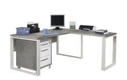 Composad Escritorio esquinero y cajonera con 3 cajones y Cerradura de la línea Disegno, Juego de 2 Muebles para Oficina, (LxAxP): 170 x 74,50 x 80 + 90 cm, Gris Cemento y Blanco Lacado, Fabricado en