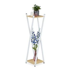 Relaxdays blomställ, 2 våningar i träutseende, metall, MDF, modern blompall, HBT: 99 x 29 x 29 cm, vit/ljusbrun