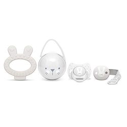 Suavinex, Coffret Cadeau pour Bébé Hygge Baby. Inclut : Sucette avec tétine symétrique 0-6m + Attache-sucette ruban + Boîte à sucettes duo + Anneau de dentition. Gris