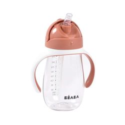 BEABA, Bicchiere Salvagoccia Per L'apprendimento 2 In 1, Tazza Con Cannuccia Per Bambini, 100% Antigoccia, Facile Da Aprire, Manici Rimovibili, Tritolo E Silicone, 300 Ml, Terracotta