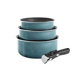 QDESIGN Lot de 3 Casseroles en Aluminium anti-adhésif sans PFOA avec poignée amovible - tous feux dont induction - Compatible lave-vaiselle et frigo - Bleu orage, Empilables 16/18/20 cm