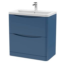 nuie Modern Bathroom Floor Standing 2 Drawer Vanity Unit with Ceramic Basin, 800mm, Satin Blue