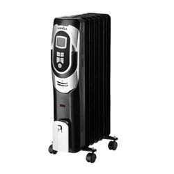 Olieradiator Confort 1500 W in zwart en zilver, met 7 elementen. Inclusief 3 standen, instelbare thermostaat, timer en wielen. Afmetingen: 62 x 34 x 24 cm. Ideaal voor het verwarmen van je huis.