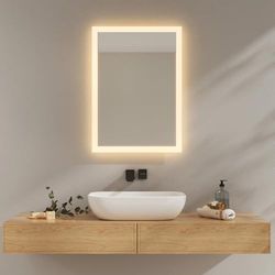 EMKE Specchio da bagno con illuminazione 70 x 50 cm, specchio bagno 3000 K, bianco caldo, interruttore a parete, installazione verticale/orizzontale, specchio anti-esplosione IP44, risparmio