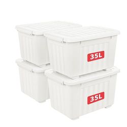 Cetomo 35L*4 Boîtes de Rangement avec Couvercles, Boîte de Rangement en Plastique avec Clips et Roulettes, Empilables, Encastrables, pour Placard de Bureau à Domicile, Blanc, 35L, Lot de 4