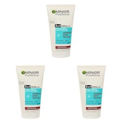 Garnier Skin Active Pure Active 3in1 Argilla, Pelli Miste - Con Imperfezioni Detergente + Scrub + Maschera, 150 ml (Confezione da 3)