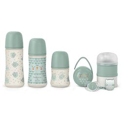 Suavinex, Set Premium Recién Nacido. Biberones de 150 ml/270 ml/360 ml + Chupete 0-6 Meses con Tetina Fisilógica SX Pro + Dosificador de Leche + Portachupetes Duo + Broche Pinza. Verde