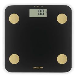 Salter Analyser Scale – Digital LCD Display, 180kg Capacity, Body Weight Composition, Fat, Water, BMI, BMR, Bone & Muscle Mass, Black Glass Platform with Gold Analyser Sensors, 9 Users, Athlete Mode