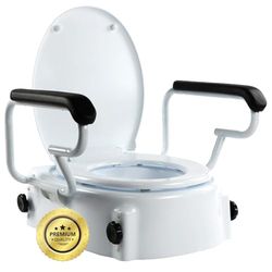 OrtoPrime Rehausseur WC Adulte avec Reposabrazos Pliables - Hauteur Réglable 5, 10 et 15 Centimètres - Rehausseur WC avec Couvercle - Rehausseur de Toilette Portable