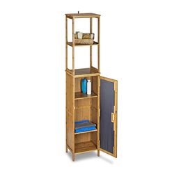 Relaxdays Prateleira de casa de banho, bambu, 5 saias, armário de pé, porta, 170 x 33,5 x 28 cm, armário de organização, castanho natural
