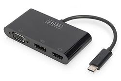 DIGITUS Adaptador gráfico USB-C - USB-C a HDMI, DisplayPort y VGA - UltraHD 4k/60Hz a través de DP - UltraHD 4k/30Hz a través de HDMI - Compatibilidad con triple pantalla - Plug & Play - Negro
