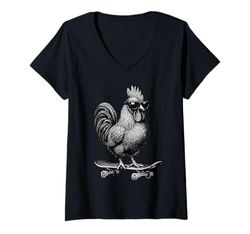 Donna Skateboarder Gallo con Occhiali da Sole Animal Skater Graphic Maglietta con Collo a V