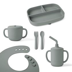 Ergobaby Kindervoedingset Deluxe voor baby's en peuters vanaf 6 maanden, babyservies met 2 bekers, dienblad, slabbetje en bestek, zonder BPA, PVC en ftalaten, Sage Green