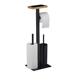 Relaxdays 3-1 WC Set, Toilet Paper, Bathroom Brush and Holder, Phone Storage Tray, HxWxD: 73x25x20 cm, Matt Black, Steel