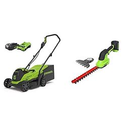 Greenworks Cortacésped de batería GD24LM33K2 (Li-Ion 24V 33cm a Incluye batería de 2Ah y cargador)+Greenworks 2in1 tijeras de batería para arbustos y césped G24SHT,Li-Ion 24V