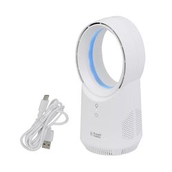 Russell Hobbs, Compact Wireless Desk Fan, USB Rechargeable, 3 Speed Settings, Bladeless Design, Ambient Lighting in White, RHBLDLUSB25