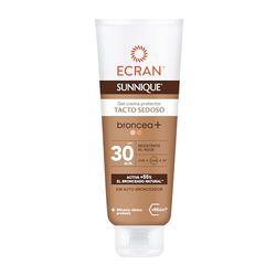 Ecran Sunnique - Gel Crema Protector Solar Broncea+ FPS 30, Protección Alta UVB + UVA e IR-A, Activa el Bronceado Natural, Sin Autobronceador, con Tecnología PureBronze, Resistente al Agua - 250 ml