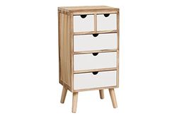 MIMBRE NATURAL Vintage lade, 5 laden, natuurlijk hout met vijf witte laden, met vier poten als steunbasis, 34 x 28 x 68 cm