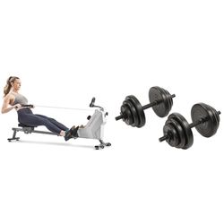 Sunny Health & Fitness Compact Folding Magnetic Rowing Machine w/ 109 CM Slide Rail, 130 KG Max + Exercise Vinyl 18 KG Dumbbell Set Hand Weights for Strength Training, Weight Loss, Workout Bench