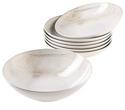 MÄSER 931948 Ossia Wooden Light - Juego de 7 cuencos de cerámica, 1 cuenco grande para ensalada y 6 cuencos para ensalada, cereales, sopa o pasta, color blanco