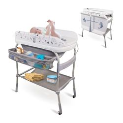 Mobiclinic® kids, Rzewijak dla niemowląt 2 w 1 z wanienką, Trendy, 4 regulacje wysokości, Termometr, Kółka hamulcem, Koszyk do przechowywania, 50 kg, Rurka odpływowa, 0-36 miesięcy