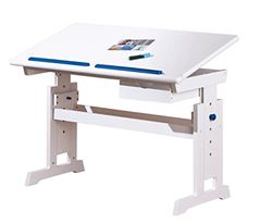 Inter Link - Bureau réglable en hauteur - Bureau enfant - Bureau élève - Inclinaison - Support livre - Bois massif laqué blanc - Applications rose et bleu - Baru