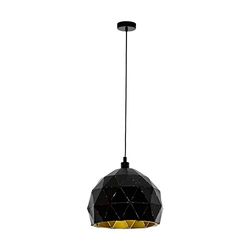 Eglo Roccaforte Candeeiro suspenso de 1 holofote, candeeiro suspenso de metal preto e dourado, casquilho E27, diâmetro de 30 cm