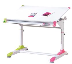 Inter Link - Escritorio Regulable en Altura - Escritorio para niños - Escritorio para Estudiantes - Inclinación Regulable - Almacenaje - Blanco con Aplicaciones en Rosa y Verde - 2Colorido