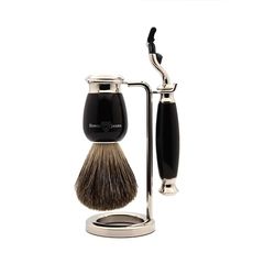Edwin Jagger S81M586AMZ Set de Afeitado Clásico de Imitación de Ébano y Níquel con Brocha de Afeitar de Tejón Puro y Maquinilla Mach 3 para Crema o Jabón de Afeitar para Hombre y Mujer
