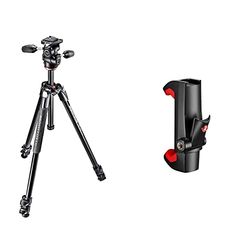 Manfrotto, Treppiede con Borsa, Testa a 3 Movimenti, 3 Sezioni in Alluminio, Nero & MCPIXI Attacco Universale per Smartphone, Versione Pro