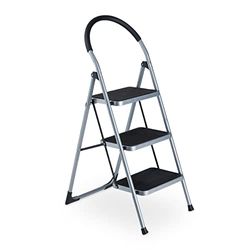 Relaxdays Stepladder, 3 Rungs, Folding Ladder with Handrail, Max. Load 150 kg, Non-Slip, Steel, Grey/Black