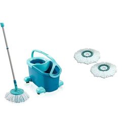 Leifheit Set Clean Twist Disc Mop Ergo mop pavimenti turchese, Lavapavimenti professionale flessibile a 360°, Mop rotante con manicole & Set da 2 ricambi lavapavimenti per Clean Twist Disc Mop Active